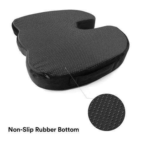 Upgraded Memory Foam Seat Cushion For Sciatica And Back Pain Relief with non-slip rubber bottom and ergonomic design.