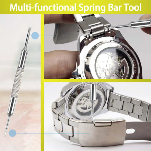 Watch Link Removal Kit With Hammer And Spring Bar Tool For Quick Band Sizing And Strap Adjustment, Replacement Pins, Hairpins, And Cleaning Cloth.
