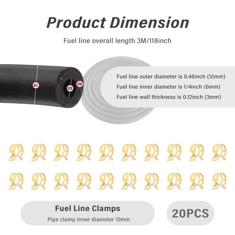 Durable Quarter Inch Fuel Line Hose Upgrade With 300 PSI Rating And 20 Clamps showing dimensions and clamps
