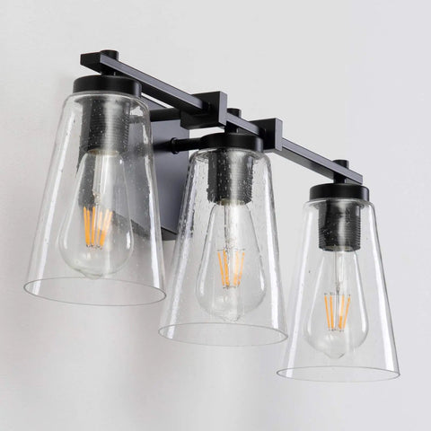 Vintage Industrial 3 Light Vanity Sconce In Black With Bubble Glass Shades, Durable Wrought Iron Wall Light For Bathroom