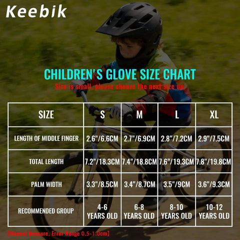 Size chart for Kids Dirt Bike Gloves Built Tough For Motocross BMX And ATV Full Finger Youth Riding Gear, ages 4-12.