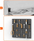 Before and after of Heavy Duty Metal Pegboard Wall Organizer for Garage and Workshop 24 By 24 Inch Or 12 By 48 Inch Panels 70 Piece Tool Storage Pegboard Set With Hooks for Workbench Black installed with tools neatly arranged.