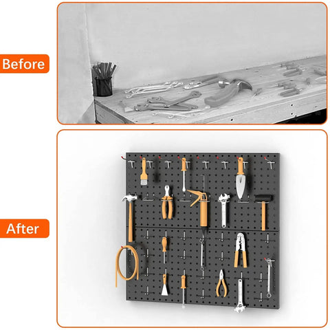 Before and after of Heavy Duty Metal Pegboard Wall Organizer for Garage and Workshop 24 By 24 Inch Or 12 By 48 Inch Panels 70 Piece Tool Storage Pegboard Set With Hooks for Workbench Black installed with tools neatly arranged.