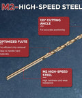 Drill bit, M2 high-speed steel, gold finish, 135° cutting angle, optimized flute.
