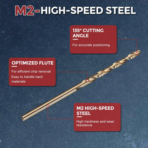 Drill bit, M2 high-speed steel, gold finish, 135° cutting angle, optimized flute.