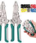 8 In 1 Electrician Pliers Set With Self Adjusting Wire Stripper Cutter And Crimp Tool A Handy Pro Grade Go To Cable Tool For Quick Wire Cuts And Crimps Includes 200 Free Connectors, showing pliers and connectors.