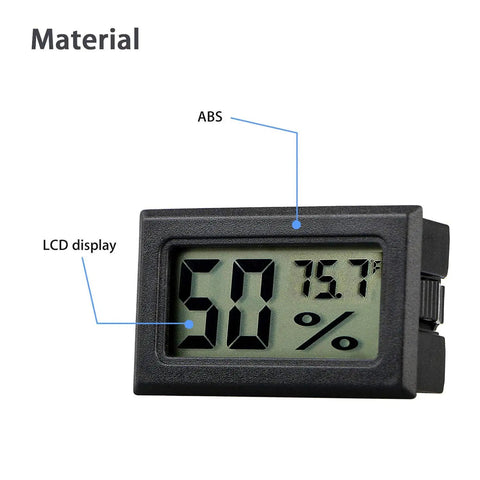 Four Pack Mini Digital Temp And Humidity Meters With Probes showing LCD display and ABS material details.