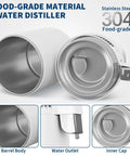 Top Notch Countertop Water Distiller With Rock Solid 900 Watt Heating Coil And Generous 1.6 Gallon Glass Pitcher showing stainless steel parts.