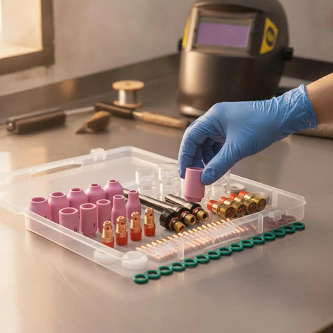 Nishiyuenyi 71 Pc Industrial Tig Consumables Kit With Torch Nozzles Cups Collets Sealing Rings, arranged in a plastic case.