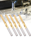 Five Piece Spiral End Mills Set, Single Flute HSS 4x28x50mm With Coating For CNC Milling Machines shown in front of a CNC machine.