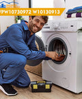 Technician installing Washer Drain Pump Motor Assembly Replacement For Top Loaders Fits W10730972 8540024 AP6023956 PS11757304
