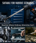 Heavy Duty One Half Inch Drive Offset Extension Wrench 17 Inch Impact Rated Ratchet Extender Tool in use on tight bolts and engines.
