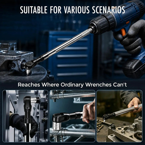 Heavy Duty One Half Inch Drive Offset Extension Wrench 17 Inch Impact Rated Ratchet Extender Tool in use on tight bolts and engines.