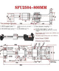 Ultra Low Backlash SFU2504 800mm Ball Screw For CNC Machines, Slick Rolling Friction And Rock Solid Bearing Steel Build, High Precision Linear Motion Upgrade For Precise Positioning And Reliable Tooling. Dimensioned SFU2504 ball screw assembly with BF20 support