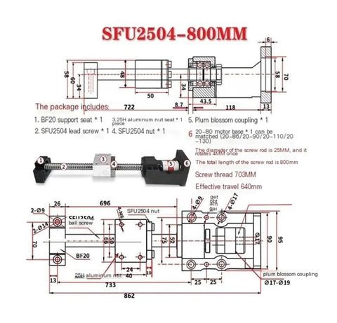 Ultra Low Backlash SFU2504 800mm Ball Screw For CNC Machines, Slick Rolling Friction And Rock Solid Bearing Steel Build, High Precision Linear Motion Upgrade For Precise Positioning And Reliable Tooling. Dimensioned SFU2504 ball screw assembly with BF20 support