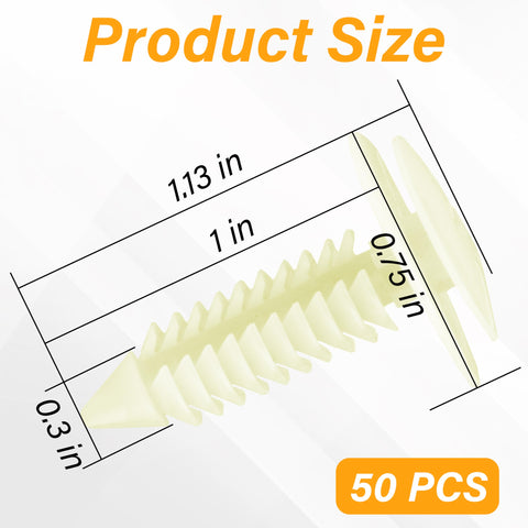 Set Of Fifty Heavy Duty Nylon Door Trim Panel Retainer Clips Built Dang Tough For Quick Interior Auto Fixes That Lock Right Down And Stay Put Through Tough Roads, showing sizes.
