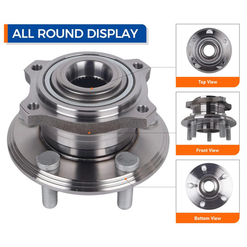Rear Wheel Bearing Hub Assembly 512555 Direct Fit For 2015 Through 2023 Chrysler 300 Dodge Challenger Charger Replacement Premium Quality OEM Grade Wheel Hub Bearing Assembly For Your Ride showing top, front, and bottom views