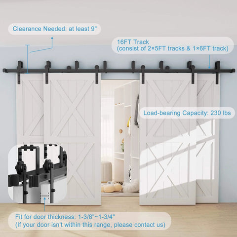 Sixteen Foot Four Door Bypass Sliding Barn Door Hardware Kit With Double Track System installed in living space