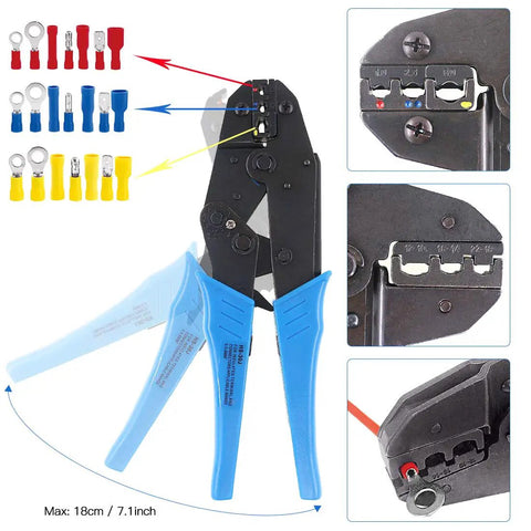 All-In-One Pro-Grade Self-Adjusting Ratchet Wire Crimp Pliers Set with AWG 22-10, blue-handled pliers and terminal kit display.