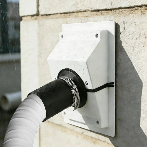 Slick White Wall Penetration Cover Kit For Ac Line Sets With Split Design To Hide Pipes, secured on brick wall and preventing leaks.