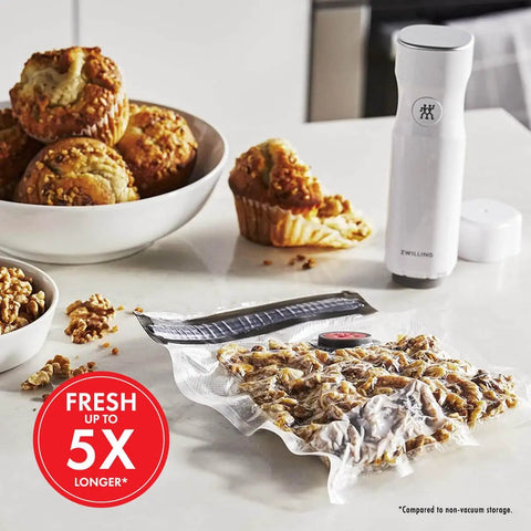 Fresh And Save 10 Piece Vacuum Sealer Bags Set For Sous Vide Meal Prep And Freezer Storage, sealing walnuts, muffins beside