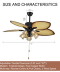52 Inch Tropical Ceiling Fan With Light And Remote Control Palm Leaf Blades With 5 Glass Lampshades Dope Palm Leaf Vibe For Living Room