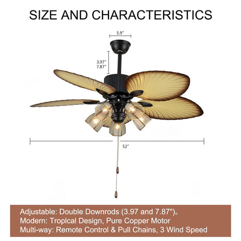 52 Inch Tropical Ceiling Fan With Light And Remote Control Palm Leaf Blades With 5 Glass Lampshades Dope Palm Leaf Vibe For Living Room
