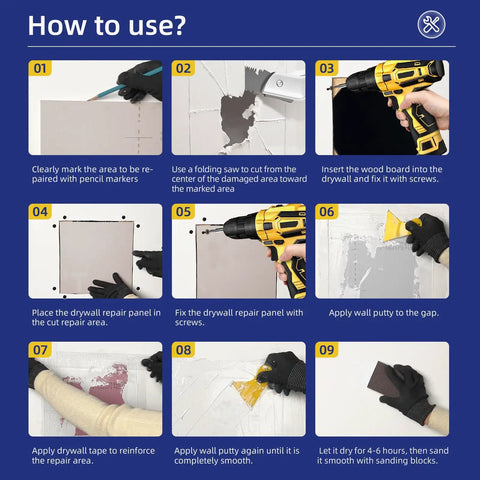 Instruction guide on using All In One Drywall Repair Patch Kit For Large Holes 12 By 12 Inch Panel Quick And Easy Fix For Walls And Drywall