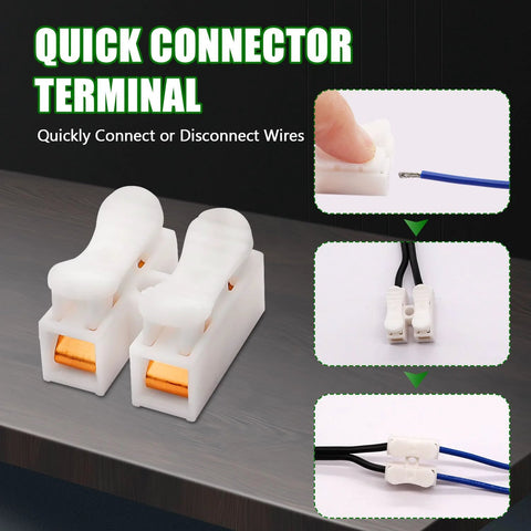 Quick connector terminal for easy wire connection and disconnection, showing a pair of white plastic connectors on a grey surface.