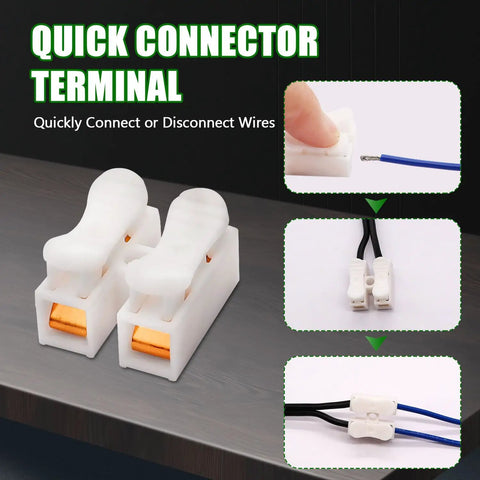 Quick Connector Terminal with plastic body and metal contacts, shown connecting wires for fast wire splicing