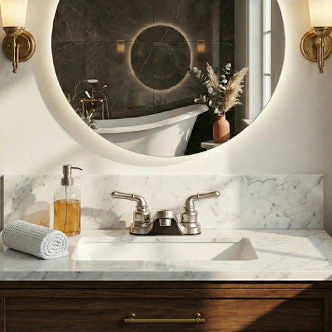 Two Lever Bathroom Sink Faucet With Elegant Arc Spout In Brushed Satin Nickel Finish on marble countertop