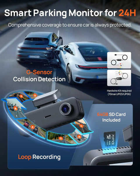 Beast 4K Front And Interior Dash Cam With Rear 1080P, 3 Channel Car Camera showing collision detection and loop recording features.
