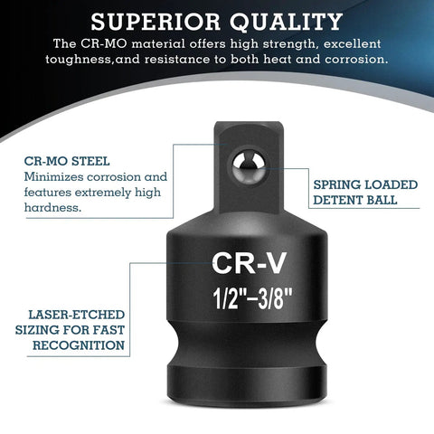 Eight Piece Impact Socket Adapter And Reducer Set For Quarter Through One Inch Drives featuring a CR-MO steel socket with laser-etched sizing.
