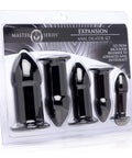 Packaging of Five Piece Silicone Butt Plug Training Kit With Graduated Anal Dilators, Tapered Insertion Tips, Flared Bases
