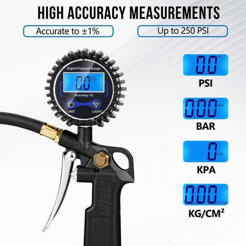 Digital Tire Pressure Gauge With Inflator 3 To 250 PSI Kit, showing accuracy measurements and blue display readings.