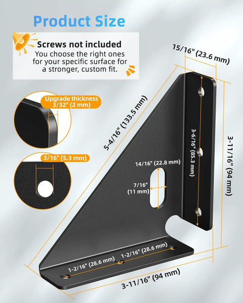 Bulletproof Heavy Duty Triangle Corner Brace Brackets For Wood Furniture Repair, Black Steel Supports dimensions and features diagram.
