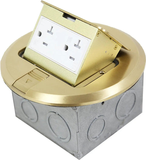 Round Pop Up Floor Box Kit With 6 Inch Cover, 20A Tamper Weather Resistant Outlet in gold finish with watertight gasket