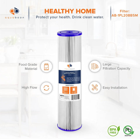 5 Micron 20x4.5 Inch Whole House Pleated Sediment Filter Replacement Cartridge, kitchen background, product details displayed.