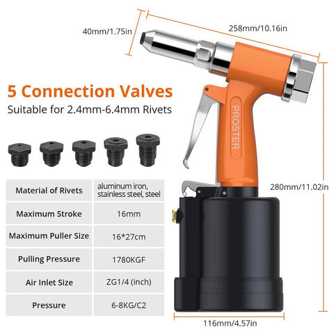 Heavy Duty Pneumatic Rivet Gun Is A Powerhouse Beast With 3924Lbf Pull Force And Five Nosepieces for professional auto repairs.