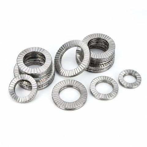 Rock Solid Heavy Duty Wedge Lock Washers Din 25201 Vibration Proof Double Sided Fasteners 304 Stainless Steel ten pack stacked together.