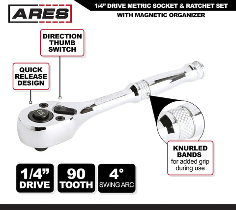 1/4-Inch Drive Metric Socket Set With 90-Tooth Ratchet And Magnetic Organizer showcasing ratchet features and knurled grip.