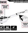 Close-up of One Half Inch Drive SAE Socket Set with 90 Tooth Ratchet showing knurled bands and features, magnetic organizer