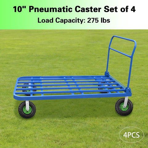 10 Inch Pneumatic Caster Wheels 4 Pack Rubber Air Tires Galvanized Brackets Heavy Duty industrial lawn cart on grass