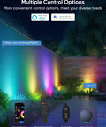 Smart Landscape Lighting Kit No-Fuss Six Pack Outdoor Spotlights with IP65 Waterproof illuminating a garden wall, Alexa and Google Assistant control options shown.