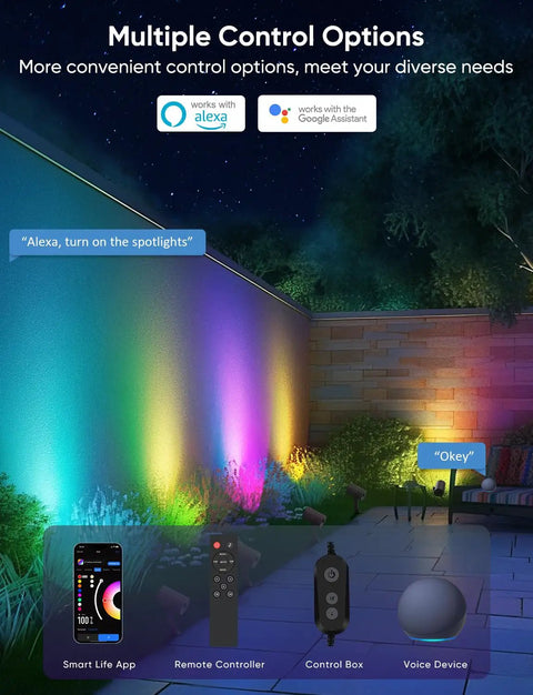 Smart Landscape Lighting Kit No-Fuss Six Pack Outdoor Spotlights with IP65 Waterproof illuminating a garden wall, Alexa and Google Assistant control options shown.
