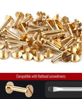 Premium Brass Chicago Binding Screws 4mm X 18mm With 10mm Phillips Nuts 25 Piece, close-up of durable gold screws.