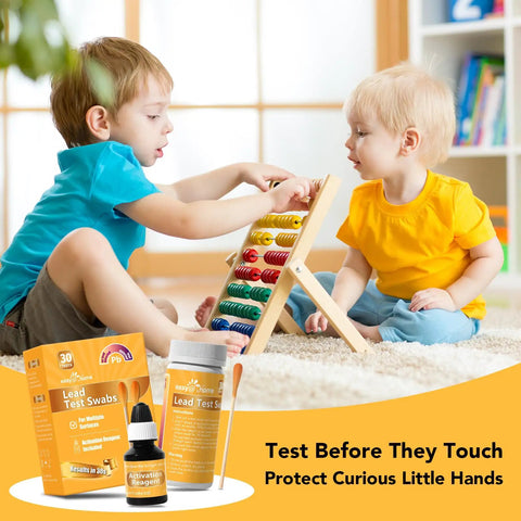 Children playing with abacus, Lead Test Kit With Vinegar For Home Surfaces, 30 Rapid Swabs, 30 Second Results, Screen Painted Walls shown.
