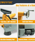 Powerful 10 Inch X 18 Inch Benchtop Mini Wood Lathe With Cast Iron Body showcasing 6" tool rest, quill hand-wheel, motor and damping feet.
