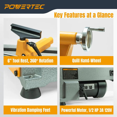 Powerful 10 Inch X 18 Inch Benchtop Mini Wood Lathe With Cast Iron Body showcasing 6" tool rest, quill hand-wheel, motor and damping feet.