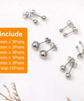 15 Pairs Ball Stud Earrings Set 2mm To 6mm Stainless Steel Hypoallergenic Nickel Free Simple Everyday Studs For Women Great Gift Idea Multisize Earring Set With Silver Finish, 2-6mm sizes